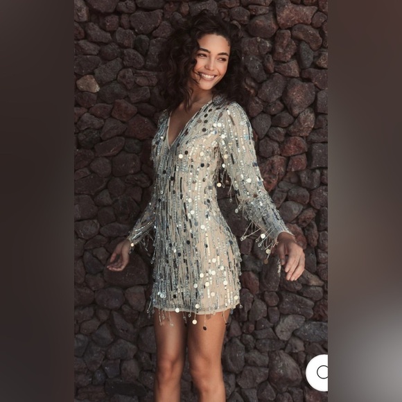 Mac Duggal 92850 Ling Sleeve Beaded Fringe Plunge Neck Dress - Picture 7 of 12